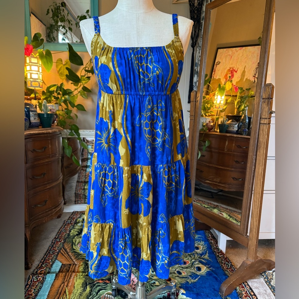 Aloha Fashion Hawaiian Fashion Blue Floral Tiered A-line Dress, O/S
